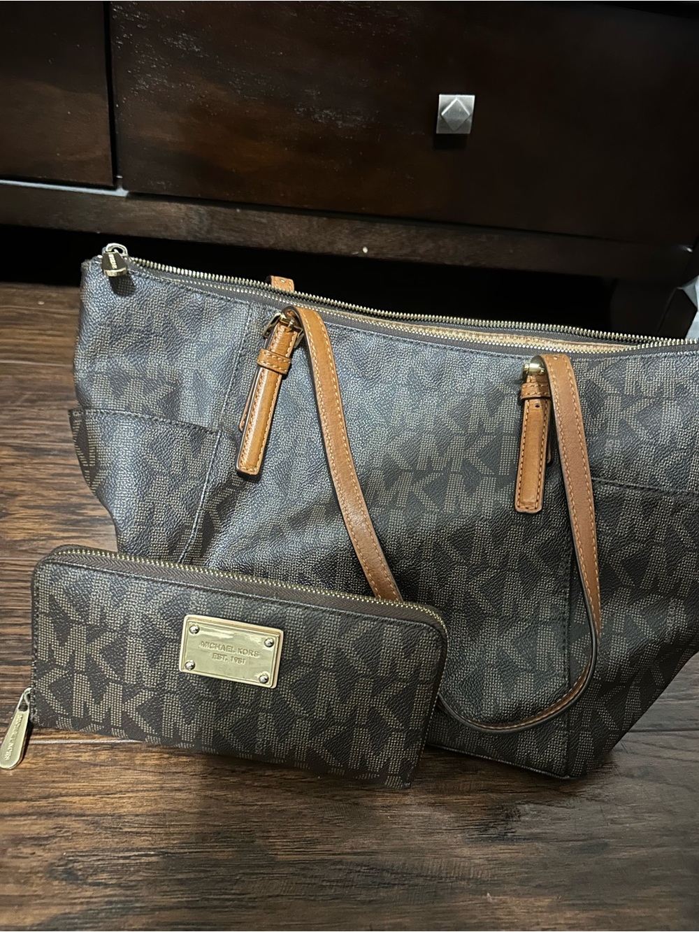 Michael Kors Brown MK Logo Tote with Tan Leather Straps and Matching Wallet